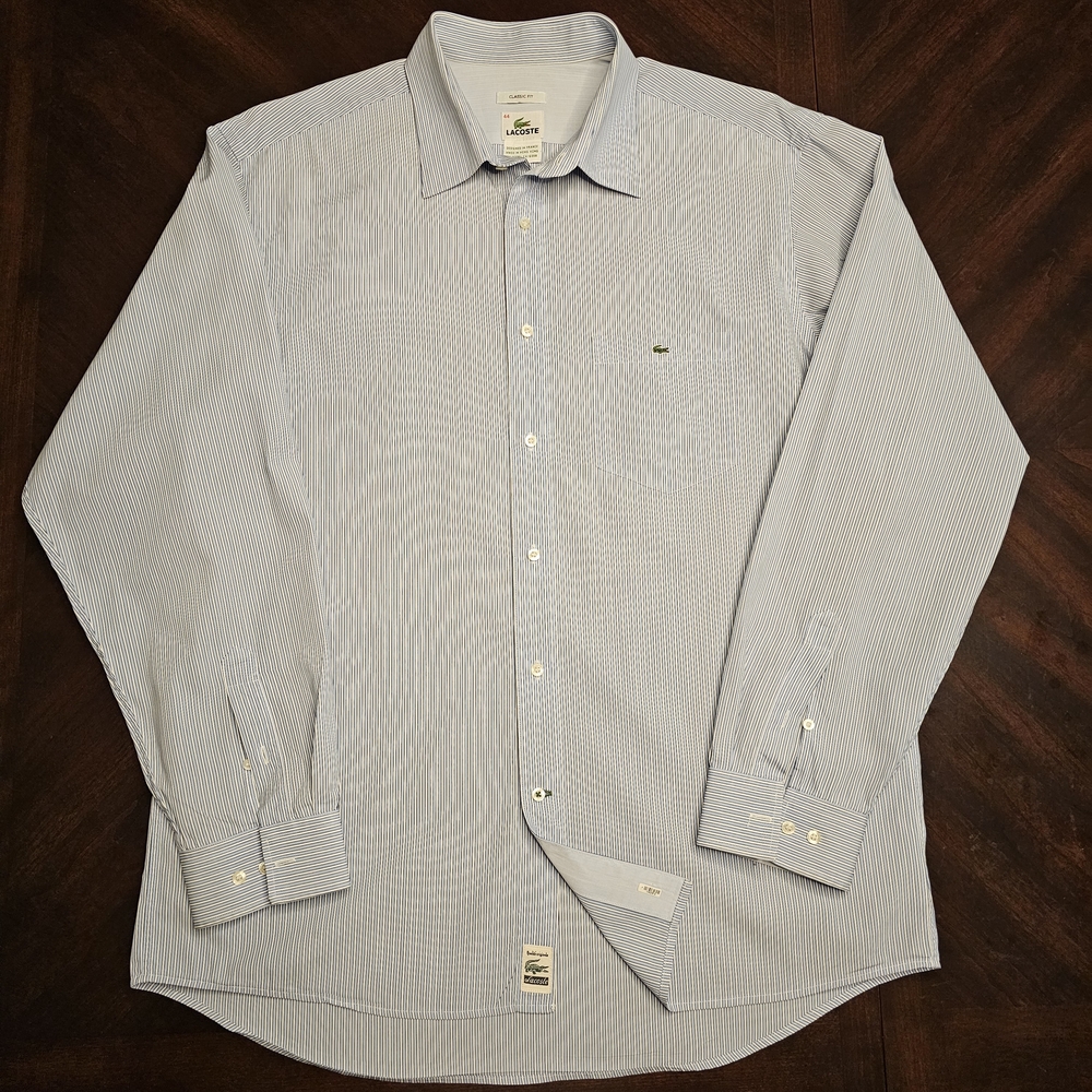 Lacoste Classic Fit Men's Light Blue Pinstripe Dress Shirt Large